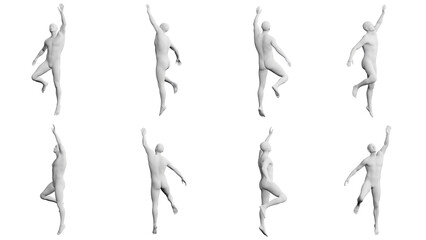 Athletic Young Man Jumping, multiple views (side, front, back), 360 degrees rotation. - obrazy, fototapety, plakaty