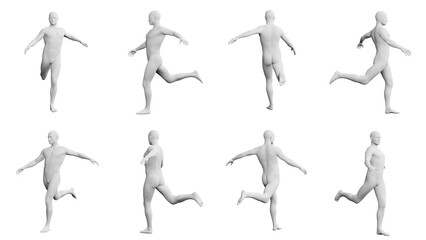 Athletic Young Man Kicking, multiple views (side, front, back), 360 degrees rotation. - obrazy, fototapety, plakaty