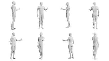Athletic Young Man Giving Thumbs Up, multiple views (side, front, back), 360 degrees rotation. - obrazy, fototapety, plakaty
