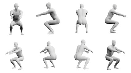 Athletic Young Man Squatting, multiple views (side, front, back), 360 degrees rotation.