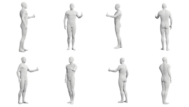 Athletic Young Man Giving Thumbs Up, multiple views (side, front, back), 360 degrees rotation.