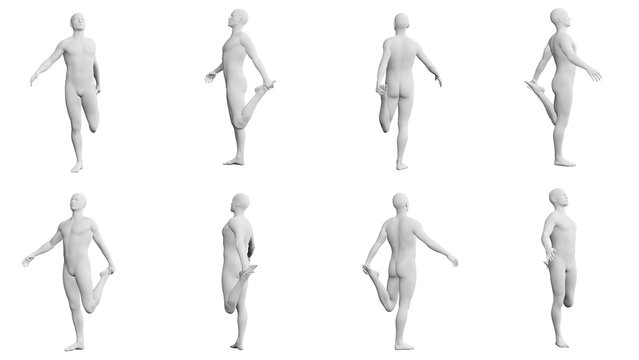 Athletic Young Man Stretching Leg, multiple views (side, front, back), 360 degrees rotation.