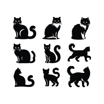 SILHOUETTE SET OF NINE BLACK CATS ISOLATED ON WHITE BACKGROUND VECTOR