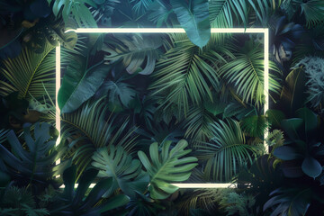 Gold neon frame background with empty space inside, among tropical jungle foliage © Natalia