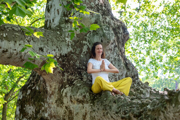 Beautiful woman with gorgeous curly hair doing yoga in nature, dressed in white and yellow combination, sitting on old plane tree. Concept: active, healthy life, in love with nature