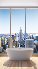 Cityscape, bathtub, interior, architecture, New York City, Empire State Building, skyline, urban, luxury, real estate, modern, minimalism, white, blue, gray, brown