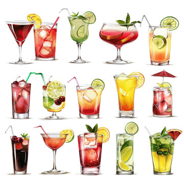 set with various cocktails on a white background. With clipping path