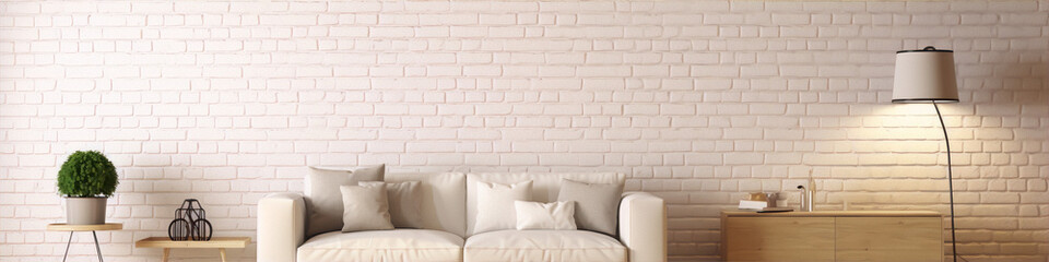 3D rendering, interior design, living room, sofa, brick wall, lamp, table, plant, minimalist, white, beige, brown