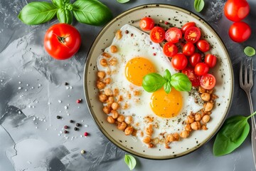 healthy breakfast on a plate Eggs in the form of scrambled eggs with chickpeas, cherry tomatoes, basil, spices and herbs - Ingredients for recipes on a gray background