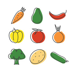 Line vegetable set. Simple outline vegetables icon with colour. Linear style vector illustration isolated on white background.