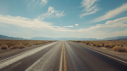Fototapeta na wymiar A heatwave causing mirages on a long straight desert road.