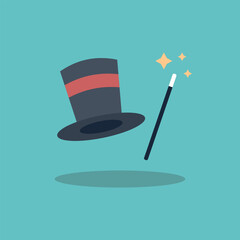 Vector illustration of magic hat and magic wand icon, magician hat.	