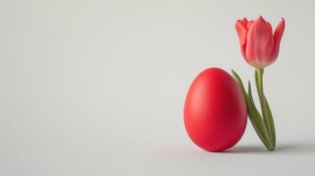 boiled egg and tulip on a white background.