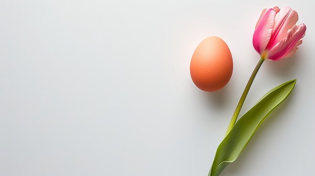 boiled egg and tulip on a white background.