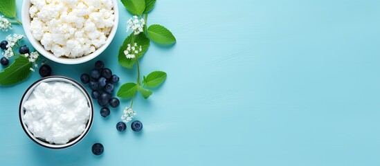 A bowl of cottage cheese is placed next to another bowl of cottage cheese on a turquoise background. The bowls are filled with white cottage cheese, creating a healthy breakfast concept.