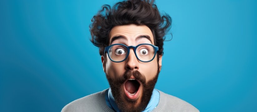 A man with a beard and glasses is shown making a surprised and excited facial expression. He appears amazed by an unexpected event or revelation. The background is a solid blue color.