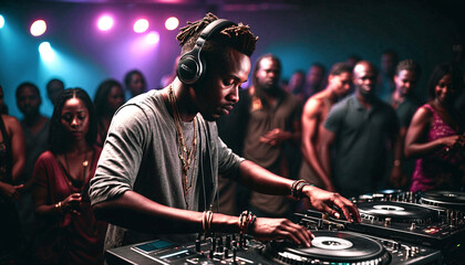 Trendy DJ sets the mood with his sound mixes at a popular nightclub. - obrazy, fototapety, plakaty