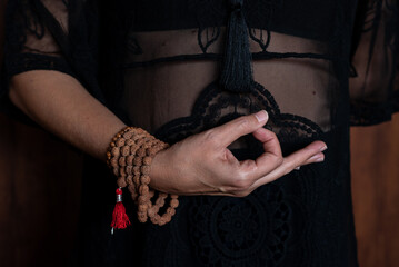 Rudraksha Japa Mala Bracelet, on hand with mudra. Authentic Indian 108 Beads. Effective in aura cleansing and balancing stress, hand crafted