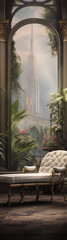 An overgrown indoor garden with a view of a ruined city in the distance, in the style of fantasy art.