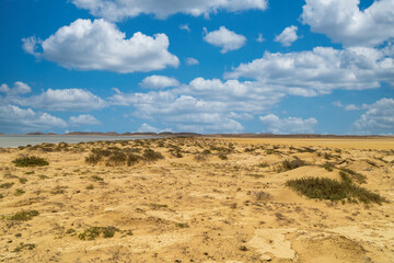 Fototapeta na wymiar Beautiful desert landscape with blue sky at Cabo de Vela. La Guajira, Colombia.