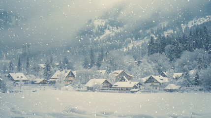 A heavy snowstorm blanketing a mountain village. - obrazy, fototapety, plakaty