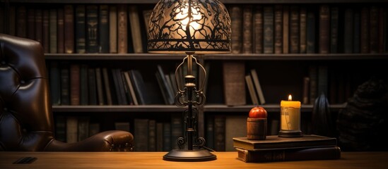 A black metal lamp sits atop a wooden table, positioned next to a bookshelf filled with various books. The lamp casts a warm glow, illuminating the space around it.