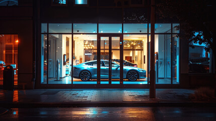 Dealership at night, luxury new cars view through window, modern shiny vehicles for sale in...