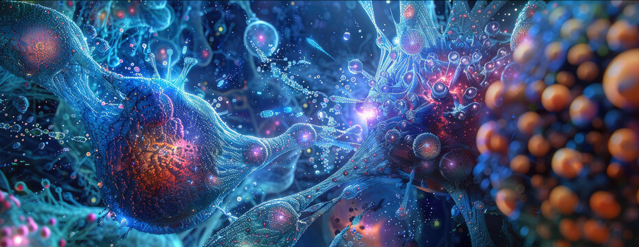 Macro view of cell, abstract background of organic structure of micro life, banner with microscopic viruses and bacteria. Concept of science, microscope, research, biology