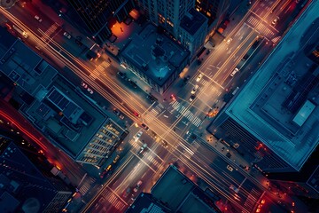Aerial View of Busy City Intersection at Night with Glowing Traffic Lights - Generative AI