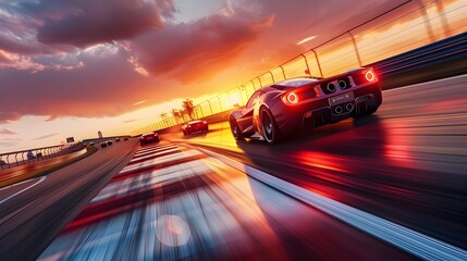 High-Octane Racing Cars Speeding on Track at Sunset - Generative AI