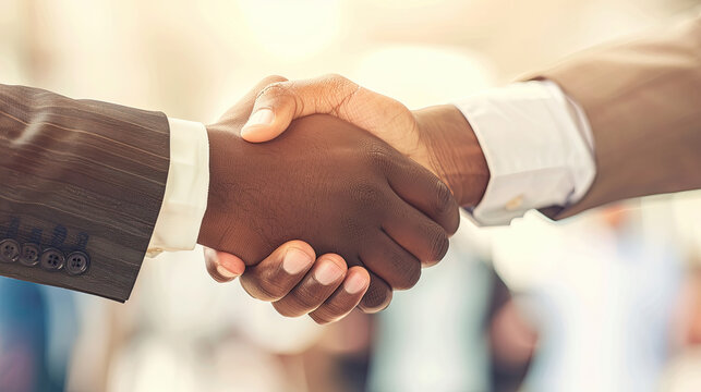 Two individuals close up, engaging in a handshake gesture. Their hands firmly clasped in agreement