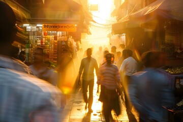 Bustling Street Market at Sunset with Motion Blur - Generative AI - obrazy, fototapety, plakaty