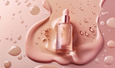 Cosmetical product photos with water drops, professional light, beige and dusty rose colors. Generated by artificial intelligence.
