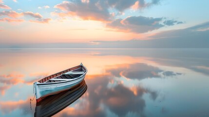 Solitary Boat on Tranquil Water at Sunset - Generative AI