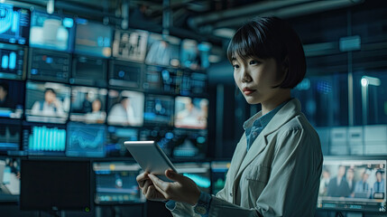 Asian woman is standing in a room surrounded by multiple television screens while holding a tablet
