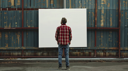 A man is standing in front of a massive, detailed picture, examining it closely