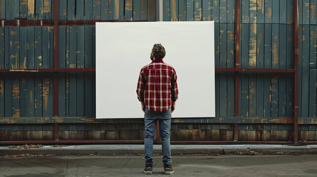 A man is standing in front of a massive, detailed picture, examining it closely