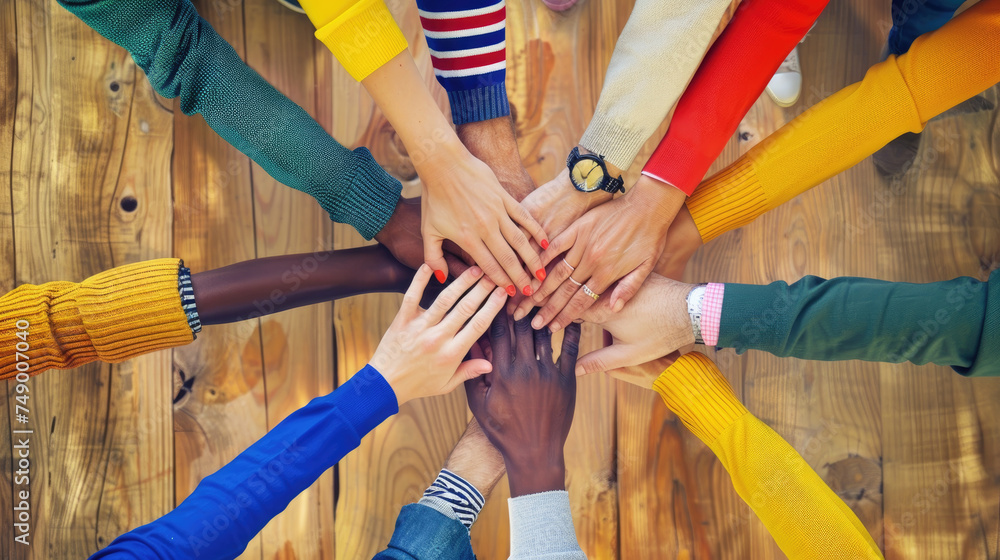 Poster a group of individuals standing in a circle, joining hands together in unity