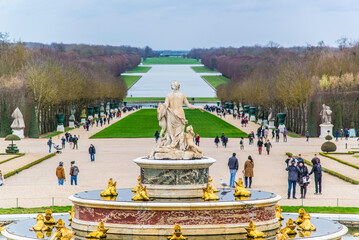 Versailles, France - Dec 28 2022: The Panorama view of the garden and fountain in Versaille Palace