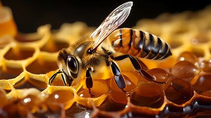 Bees on the hive slice honey nectar - obrazy, fototapety, plakaty