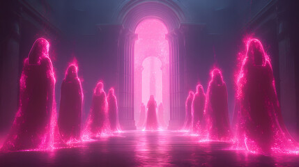 Ethereal Messa: A Mysterious Scene Illuminated by Glowing Figures, purple ritual, fantasy art, fantasy background - obrazy, fototapety, plakaty