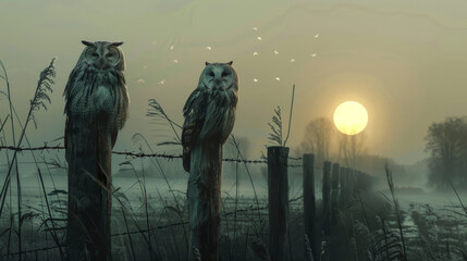 Twilight Vigil with Owls, sitting on fence posts