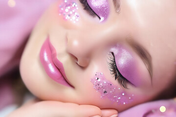 Portrait of a sleeping girl in pink artistic makeup, spa concept