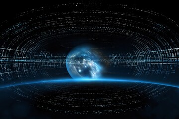 surface of earth planet with futuristic computer technology and mega city, digital connections with hologram and glow against background of space, concept of globalization and urbanization