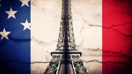 Foto op Canvas Vintage illustration of the Eiffel Tower with the American and French flag. © camelia