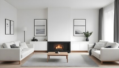 Fototapeta na wymiar A wooden cabinet, an art poster, and two white sofas are situated next to a fireplace on a white wall. Modern living room interior design in a minimalist Scandinavian style.