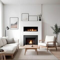 A wooden cabinet, an art poster, and two white sofas are situated next to a fireplace on a white wall. Modern living room interior design in a minimalist Scandinavian style. - obrazy, fototapety, plakaty