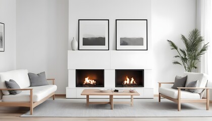 Obraz premium A wooden cabinet, an art poster, and two white sofas are situated next to a fireplace on a white wall. Modern living room interior design in a minimalist Scandinavian style.