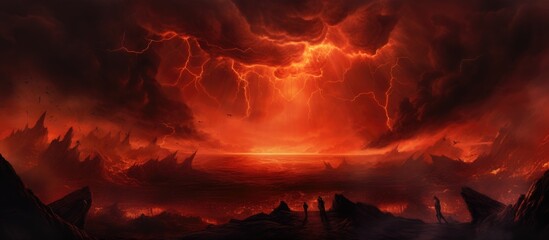 A painting depicting a red and ominous sky filled with bright lightning, creating a sense of impending doom and judgment. The scene evokes a feeling of an apocalyptic religious background with a sense - obrazy, fototapety, plakaty
