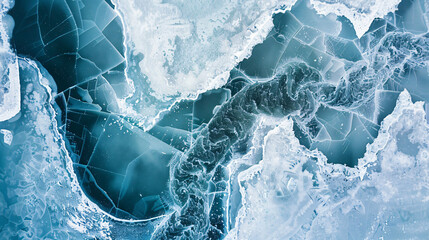 A mesmerizing aerial view of a frozen lake breaking into massive ice floes. - obrazy, fototapety, plakaty